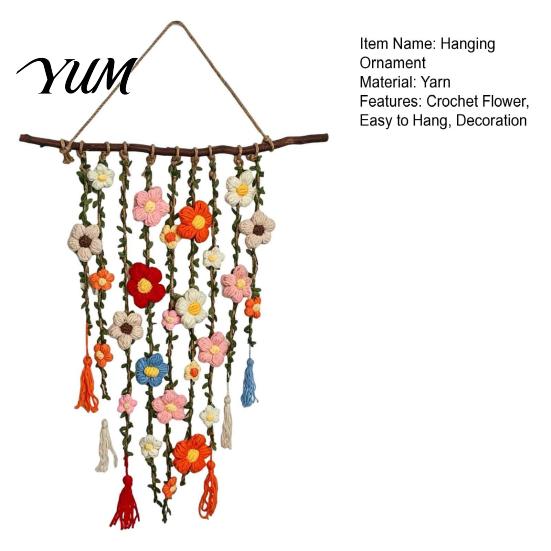 Easy to Install Wall Ornaments Bohemian Crochet Flower Hanging Tapestry, Handmade Tassels Decor Textile Decoration with Wooden Stick, Living