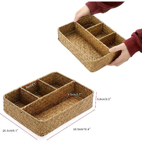 BTSKY Desk Drawer Organizer Tray, Coffee Station Organizer Tea Bag Organizer, Woven Seagrass Storage Basket with 4 Divided Sections Handwoven Wicker
