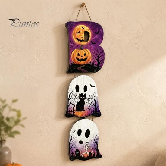 Layered Hanging Seasonal Ornament Halloween Wooden BOO Sign, Creative Letter Pendants, Vintage Ghost Pumpkin Black Cat Cute Theme Wall Decor