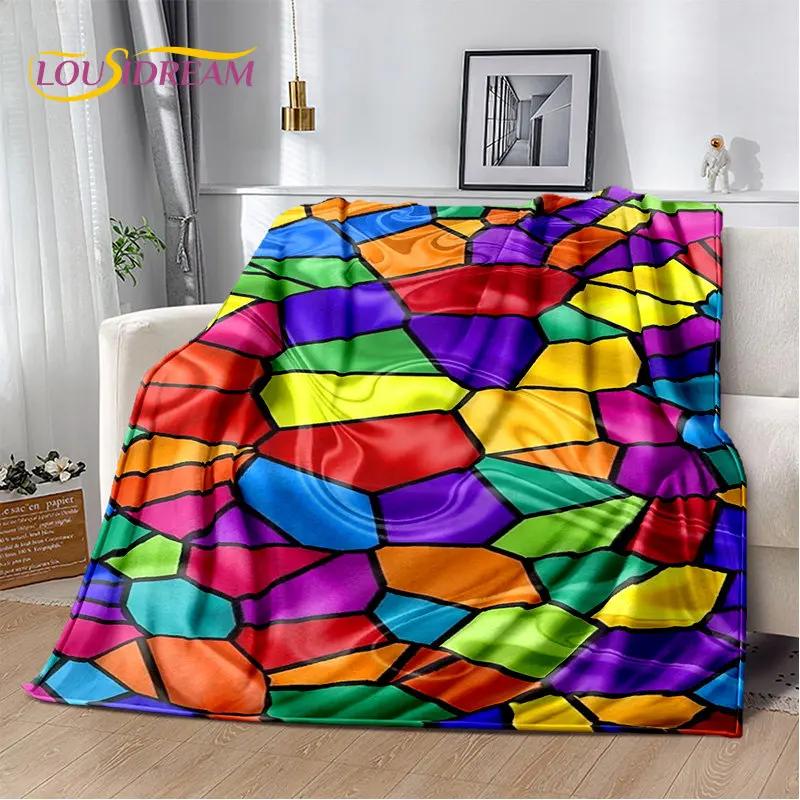 Pătură moale de pluș cu iluzie de culoare cromatică curcubeu, pătură de flanel pentru sufragerie dormitor pat canapea husă de picnic