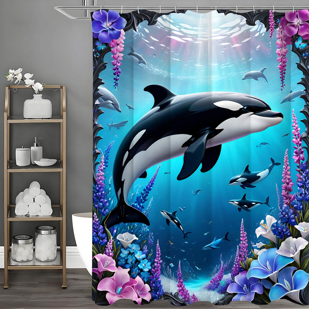 

Подводный мир Цветочный Дельфин Шторка для душа, Декоративная шторка для душа для ванной комнаты, Водонепроницаемая шторка для душа с крючками 90*180cm