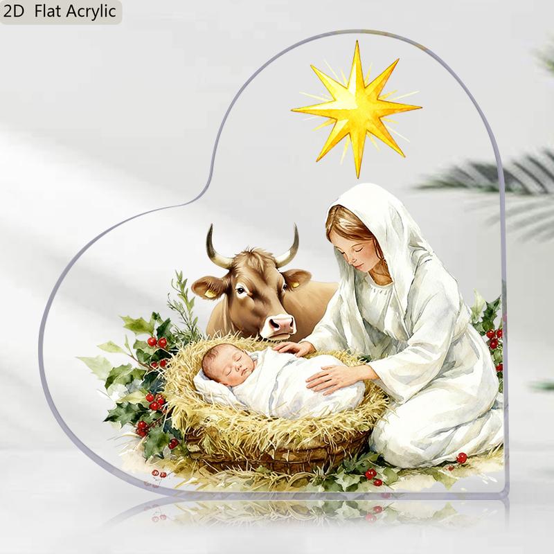 1pc Heart-Shaped Acrylic Nativity Scene Tabletop Decor - Mary & with Cow & Star of Bethlehem, Ornament for Christmas