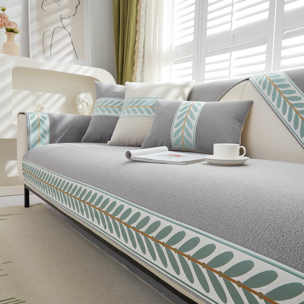 Sofa Cushion Four Seasons Universal Anti-Slip Tape Cushion Dustproof Leather Sofa Cover Backrest Cover Cloth Leaves