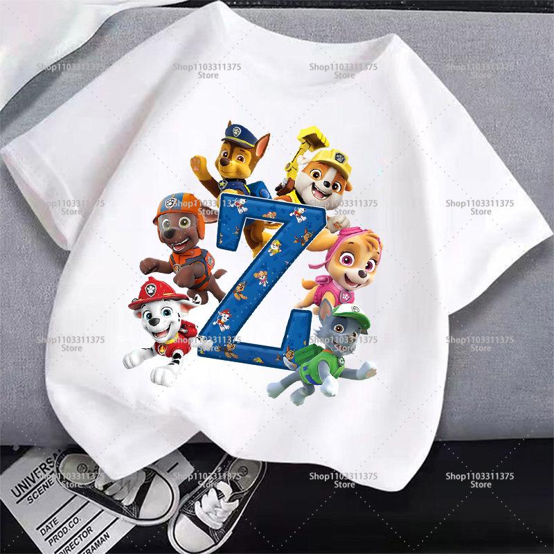 Cute PAW Patrol T-shirt Letter A-Z Boys Girls Clothes Short Sleeve Summer Cartoon Kids Birthday Toddler Cotton Outdoor Wear Gift