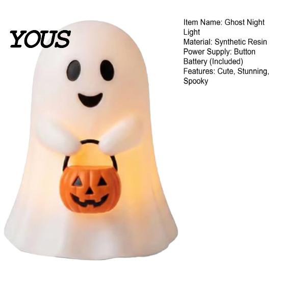 Ghost Festival Party Favors Cute Holding Pumpkin Bucket Table Lamp, Halloween Spooky Bedside Atmosphere Supplies Small LED Night Light for Bedroom