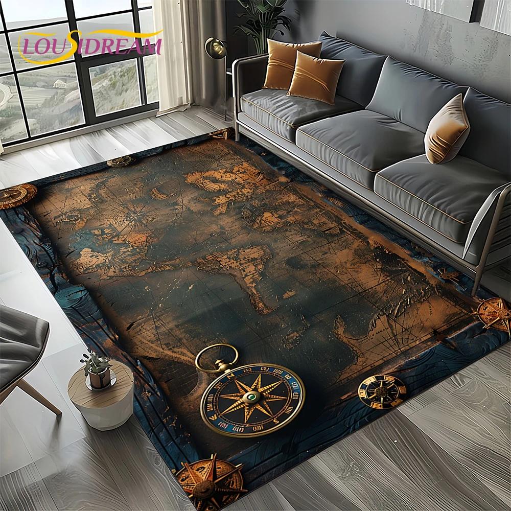2025 Retro Ancient Nautical Chart Kraft World Map Compass Carpet Rug for Living Room Bedroom Sofa Decoration,Non-slip Floor Mat