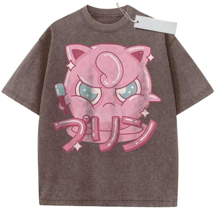 T Shirt Sports T Shirt Short Sleeve T Shirt Rose Red Unisex Pure Cotton Washed Vintage Pokemon Jigglypuff Anime Print
