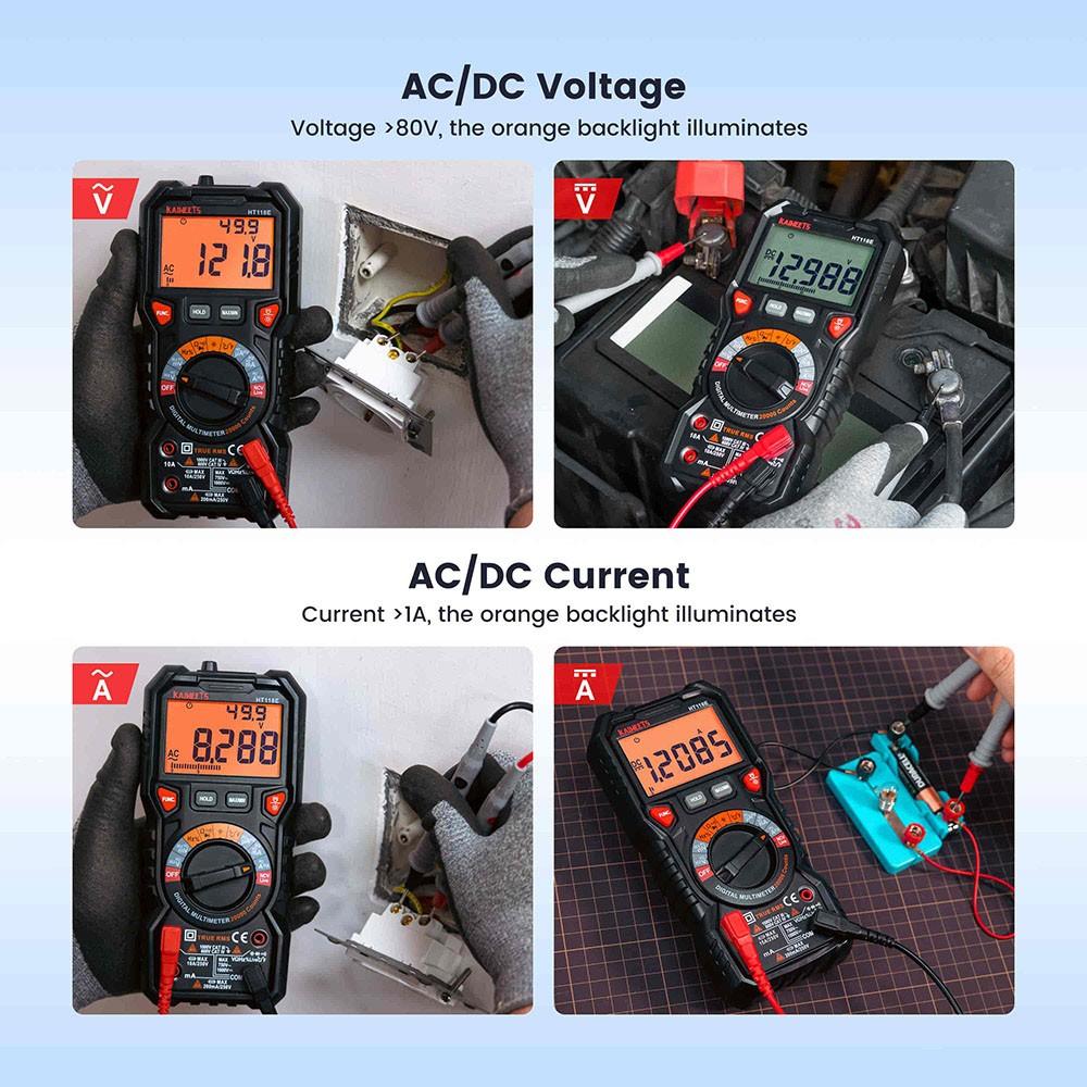 KAIWEETS HT118E Digital AC/DC Multimeter, TRMS 20000 Counts, 2.7 Inch Display, LED Lightning Jacks, Auto-Ranging - Black
