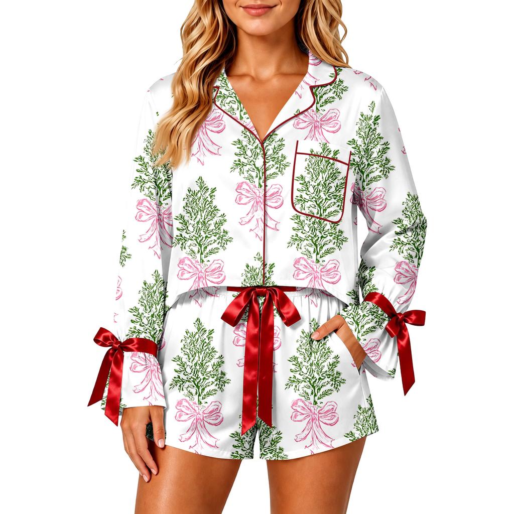 Women's Christmas Pajama Set with Button-Down Shirt and Shorts for Holiday Sleepwear