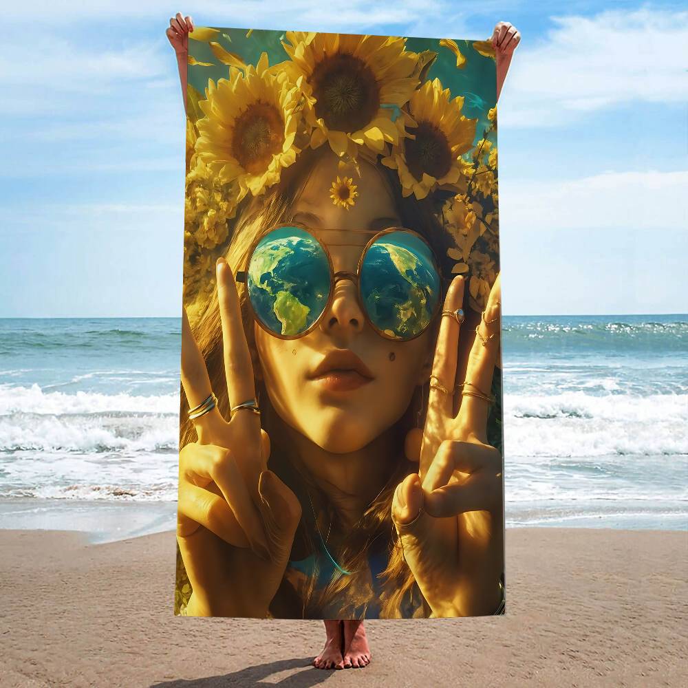1pc Nordic Boho Fashion Glasses Woman With Flowers Beach Towel Bath Towels For Microfiber Quick Dry Sand Yoga Gym Pool