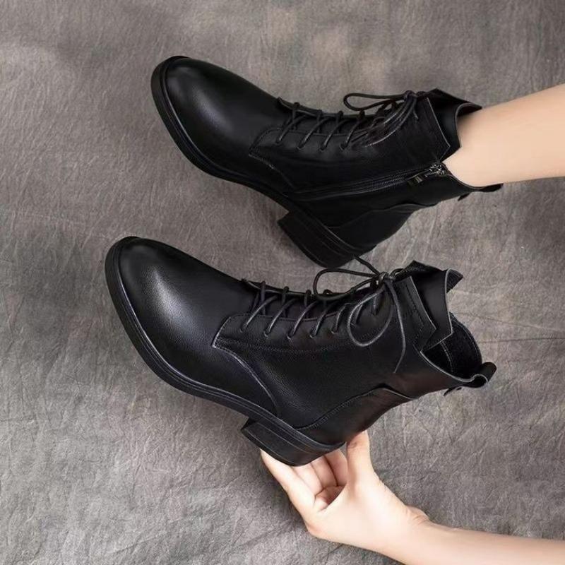 New Versatile Soft Leather Boots, Women's Shoes, Mid-heel Fleece Boots and Ankle Boots