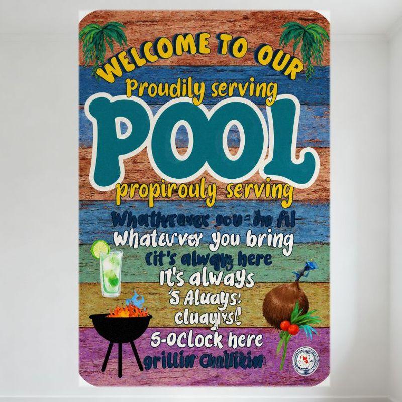 

Beach Poolside BBQ Chill Tin Sign, Welcome to Our Pool Grillin & Chillin Metal Sign for Bar Pub Home Wall Decor, Colorful Beac 20x30cm（7.8x11.8inch）