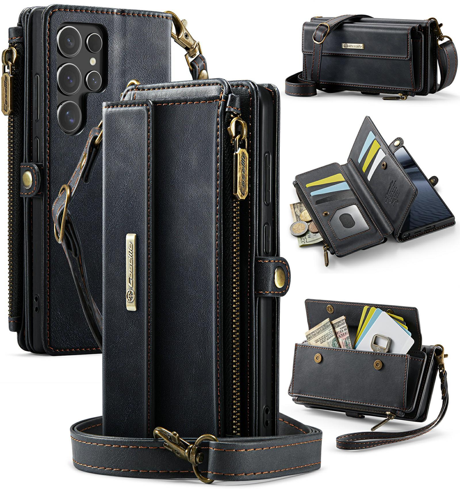 

CASEME C39 Series For Samsung Galaxy S24 Ultra Case RFID Blocking 9 Card Slots Zipper Wallet Stand Leather Cover with Strap Black