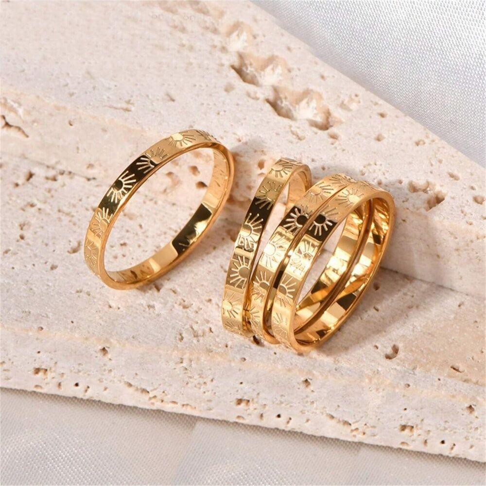 Gold Color Sunflower Thin Stainless Steel Women'S Rings Promise Finger Female Rings Wedding Party Jewelry Gifts 2024 New Trend
