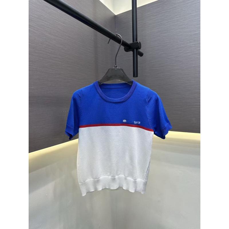 Miu Style High-Quality Embroidered Color-Block Knit Short-Sleeve Top for Summer 2026 - Simple, Casual, and Versatile for Trendy Girls