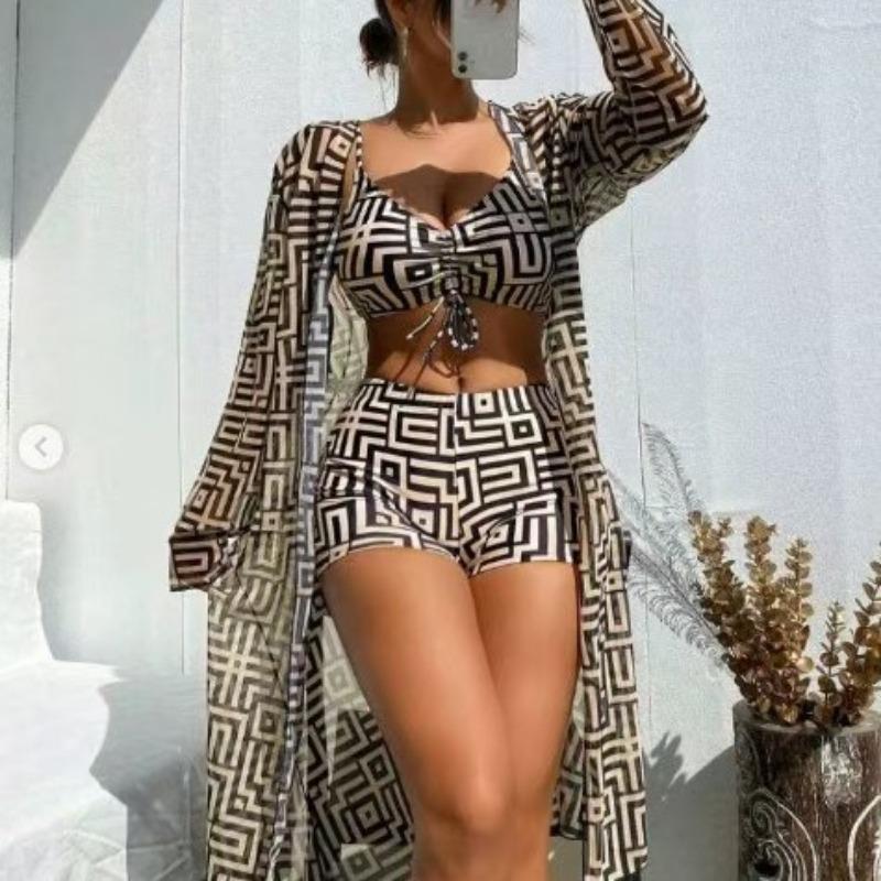 New European and American Women's Split Swimsuit Blouse Three-piece Gather Beach High-waisted Bikini