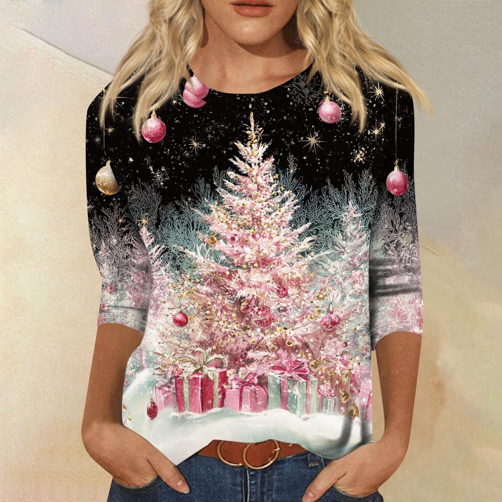 Women's Christmas Print Three-Quarter Sleeve Loose Fit Casual Neck Shirt Top