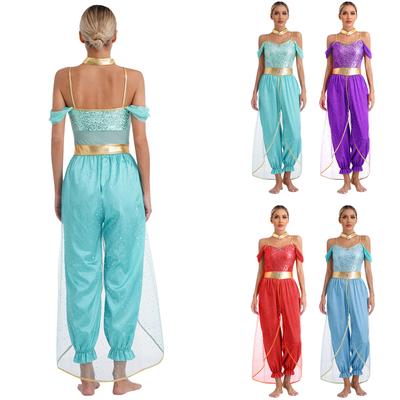 Conjunto de disfraz de princesa para mujer, mono con lentejuelas, pantalones largos anchos, disfraz de carnaval, fiesta, baile, disfraz elegante