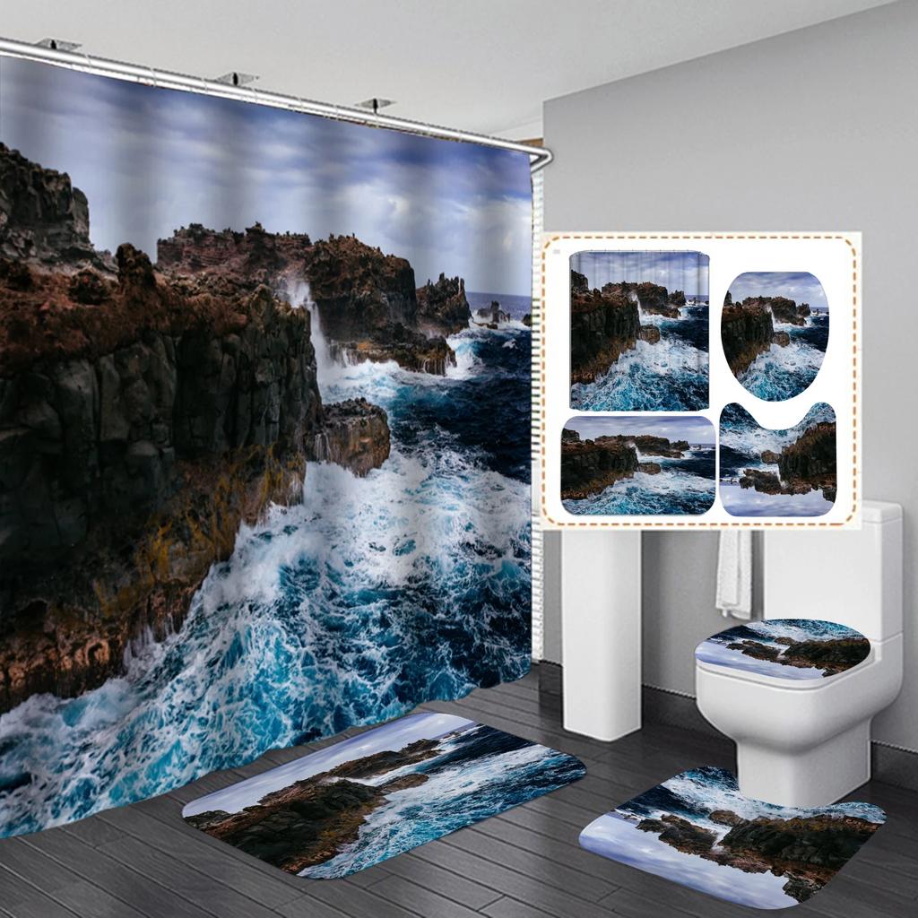 Beach Ocean Sea Theme Shower Curtain Bath Mat Set Sunrise At Tropical Beach Scene Decor Waterproof Non-Slip Bathroom Set Rug Set