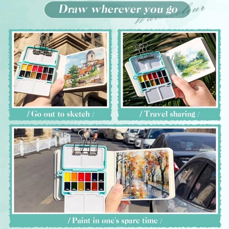 12/24 Colors Portable Travel Watercolor Palette With Waterbox Mini Paint Box Sketchbook Water Brush Student Outing Art Supplies