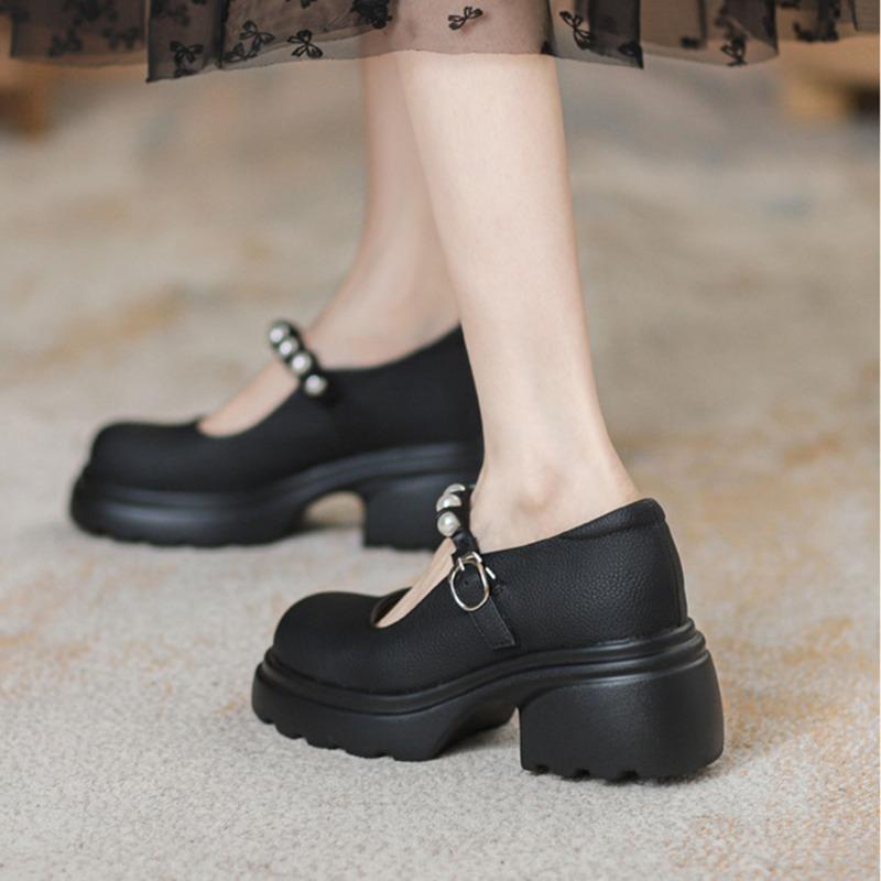 Summer new shallow mouth Mary Jane shoes women's pearl inner height increase word with soft sole summer single shoes