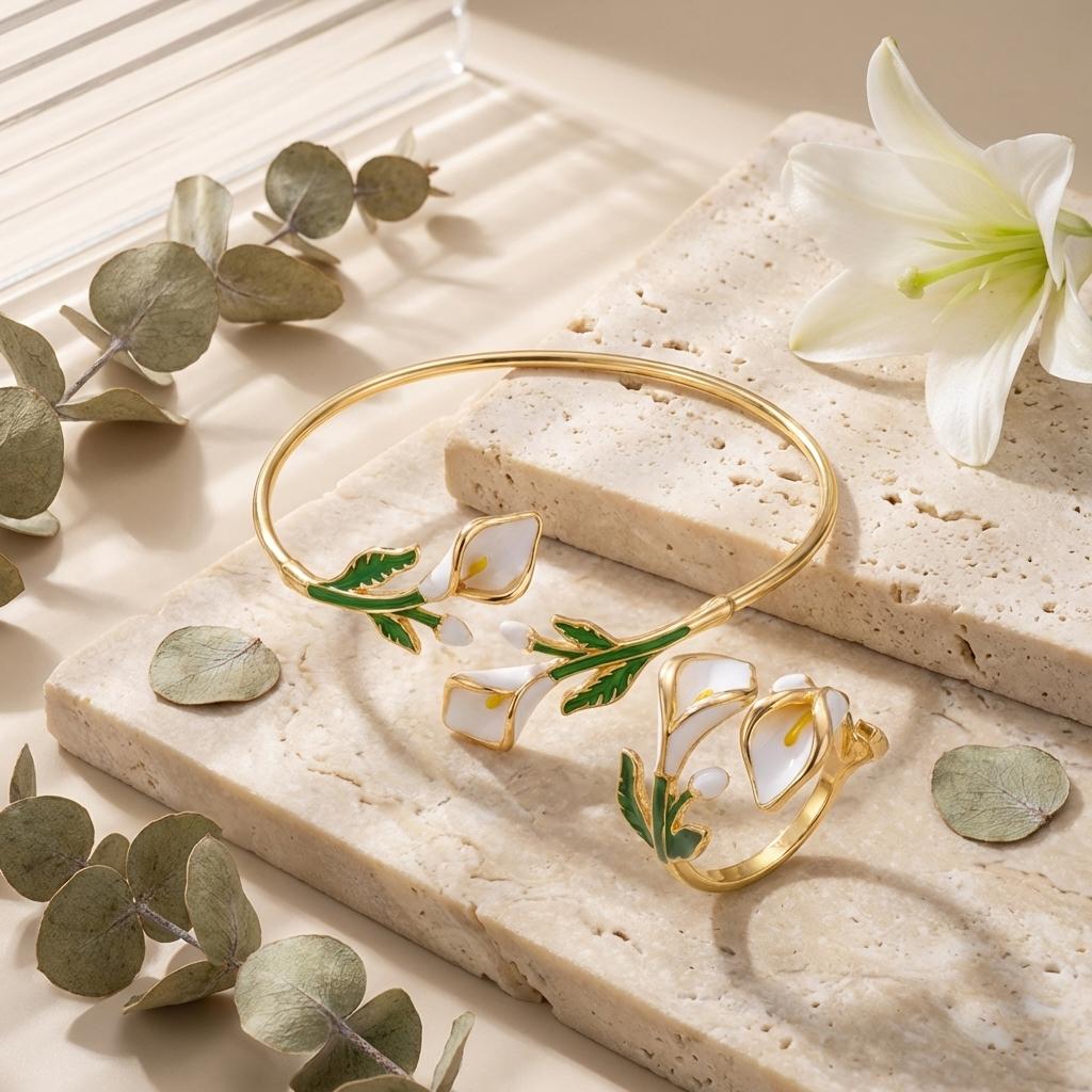 French Vintage Calla Lily Gold Color Bangle Ring Set for Women White Enamel Flower Open Cuff Bracelet Dainty Floral Jewelry Gift