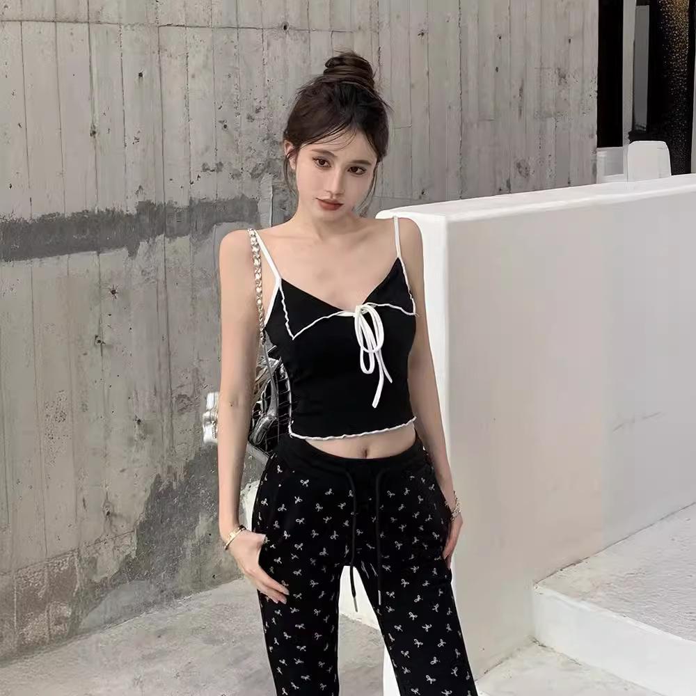 Summer women's new YK European and American style Spice Girls sexy pure desire lace-up contrasting color V-neck short suspender vest top
