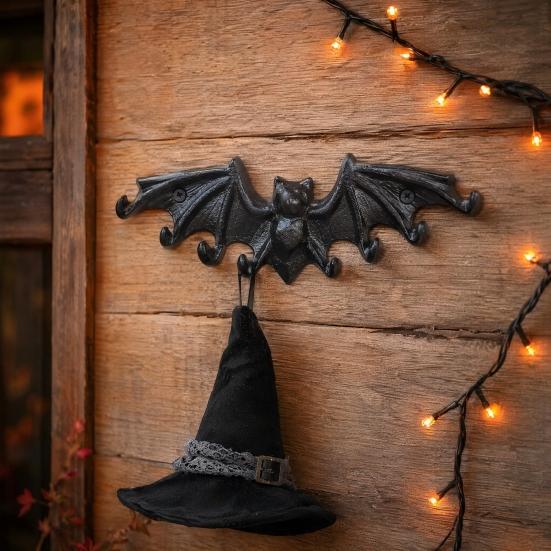 Yousheng Bat Wall Hooks, Black Cast Iron Gothic Coat Rack with 2 Prongs, Rustic Metal Hanging Organizer for Keys Hats Scarves, Industrial Home Decor