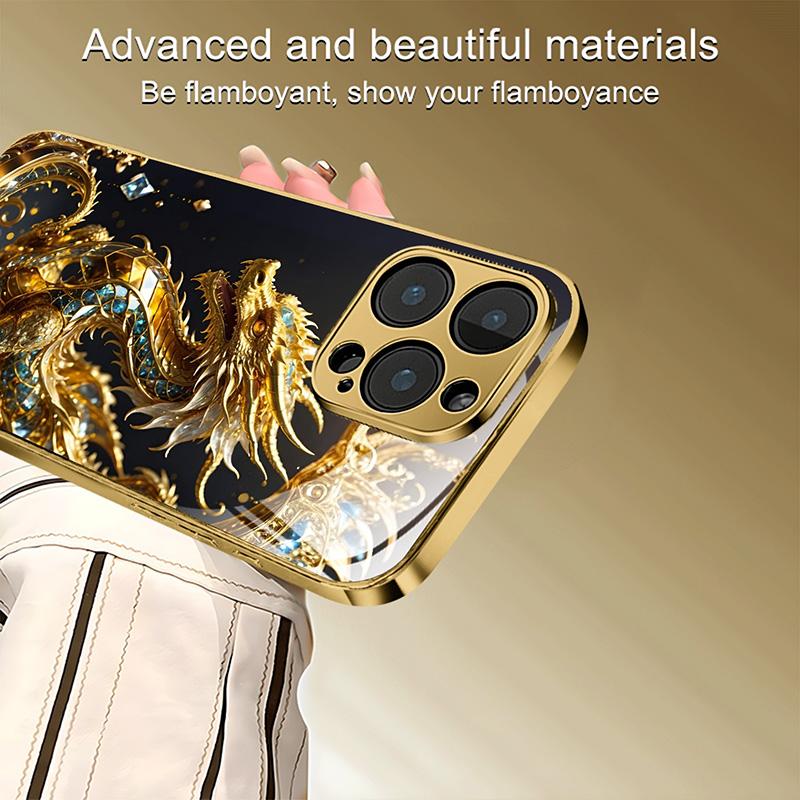 Coole goldene Drachenmuster Gold-Metallic-Lack Glas-Handyhülle Für iPhone 11 12 13 14 15 16 17 Pro Max 14 Plus 17Air 16E Hülle