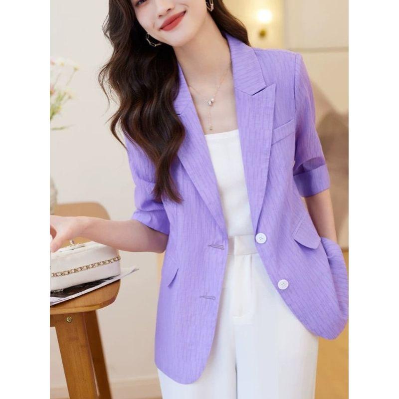 K-style Plus Size New Arrival Work Clothing Ol Two Buttons Thin Solid Color Half Sleeves Small Business Suit Coat Casual Chiffon Sun Protection Shirt