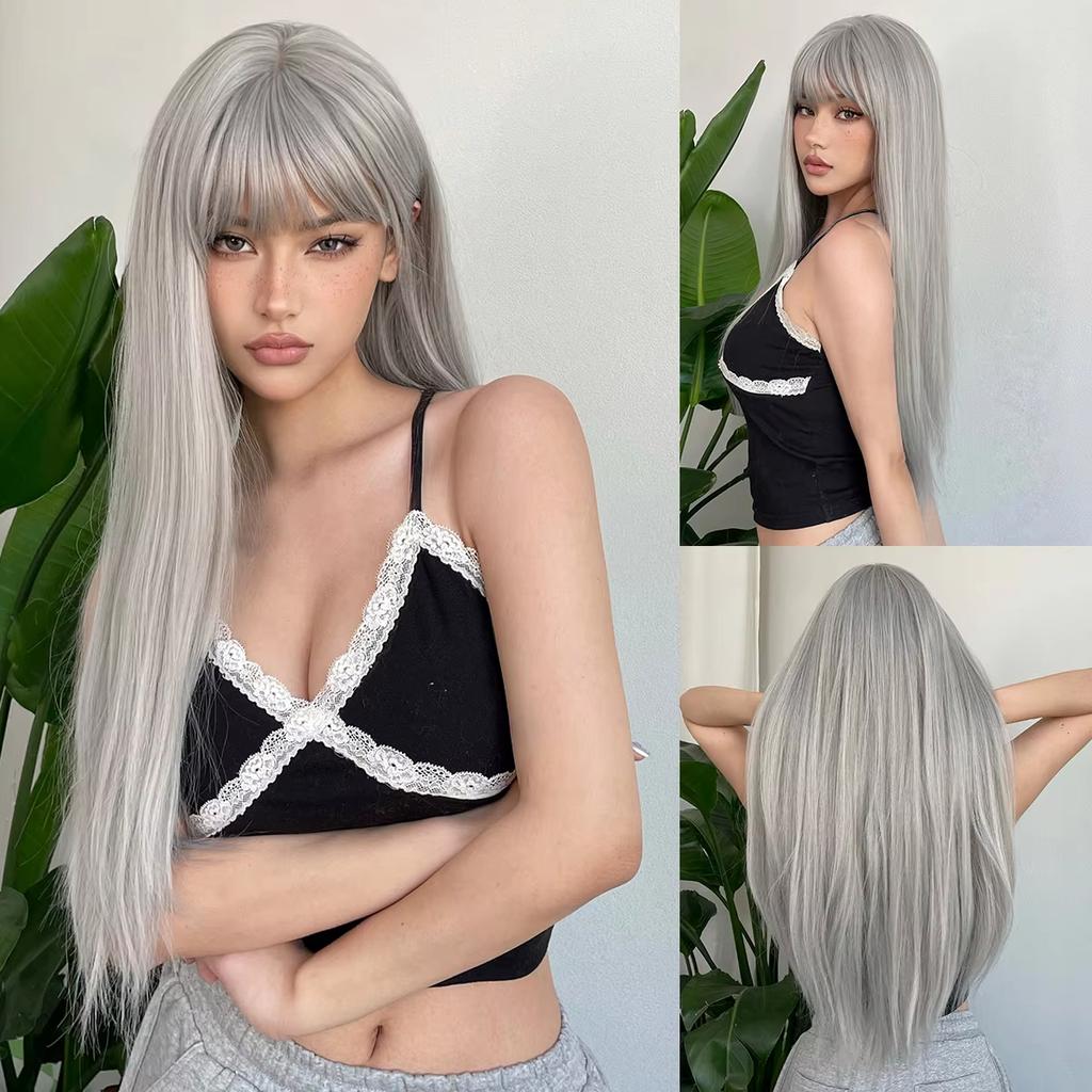 Black Synthetic Wig with Long Straight Hair - Halloween Cosplay Costume, Role-playing Party, High-temperature Hair Cap