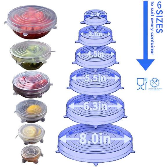 Silicone Stretch Lids, 18 Pack Reusable Silicone Lids, Silicone Bowl Covers, 6 Sizes Silicone Covers Apply to Food Container, for Freezer & Microwave