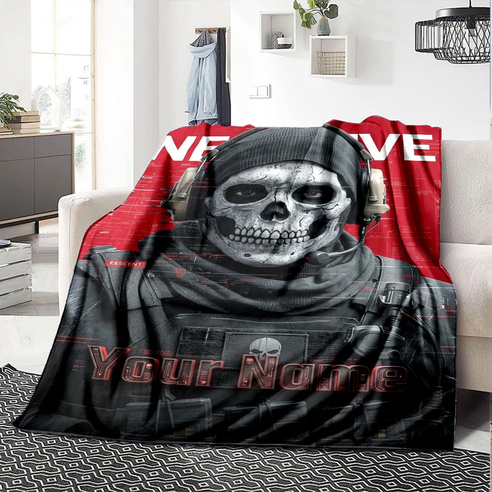 Name Custom Ghost COD Print Flannel Blanket High Quality Warm Comfortable Cover for All Seasons Perfect for Gifts Home Decor