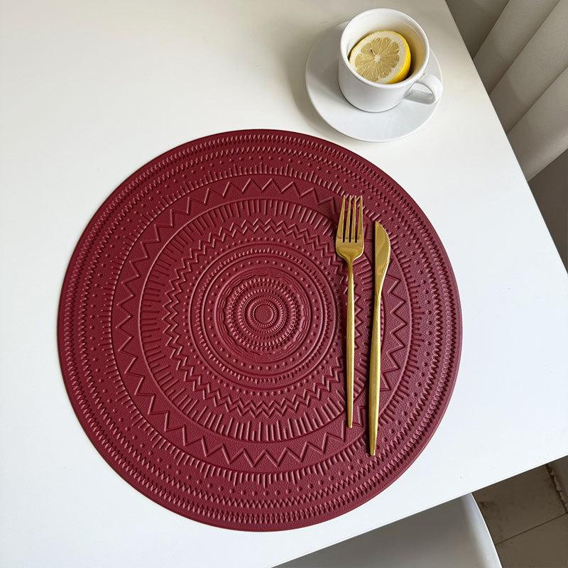 Imitation Leather Placemat Bohemian Style Embossed Table Mat, Round Pvc Edge Pressing Creative Waterproof Oil Western Food Thermal Insulation Mat