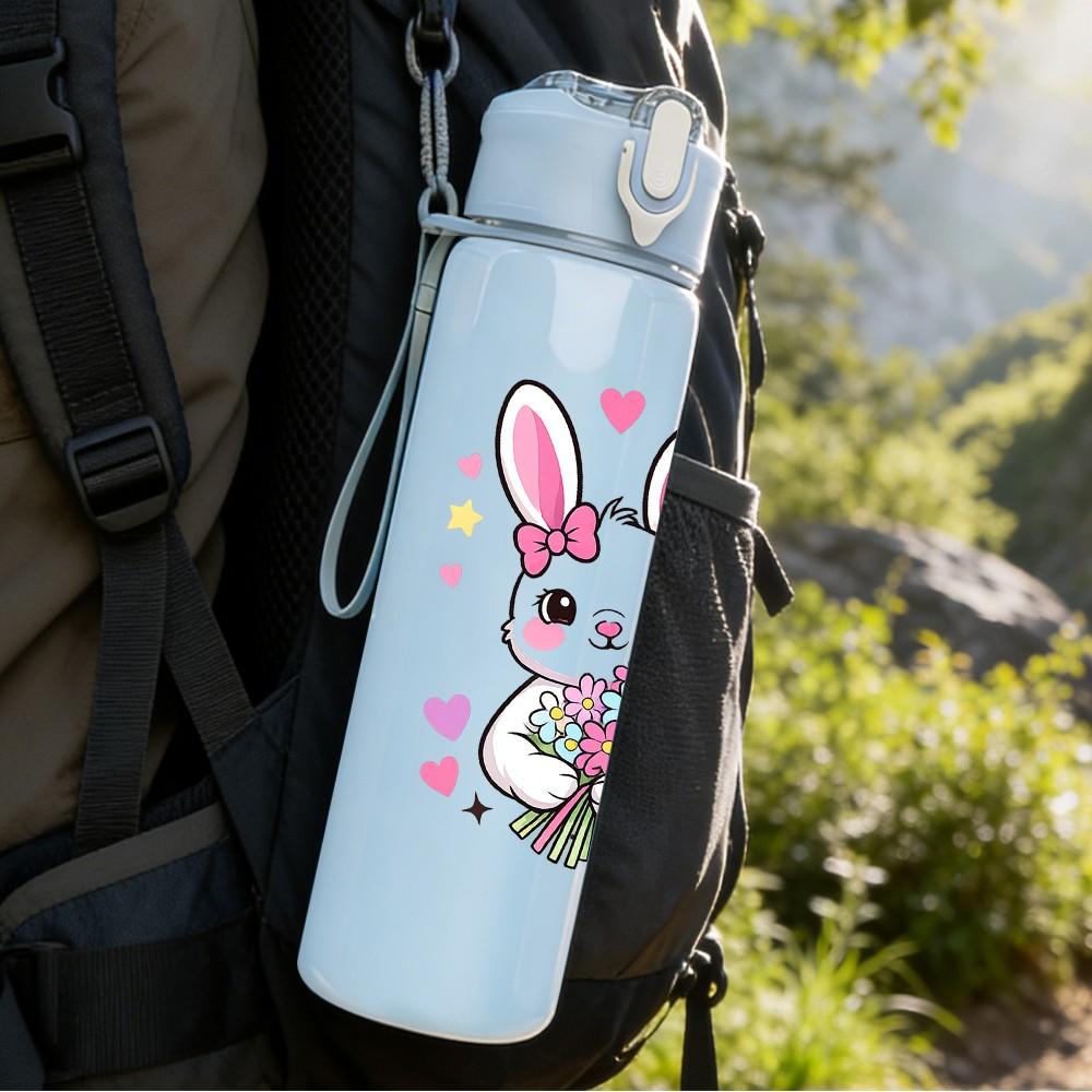 1PC Easter Bunny With Flower Basket Print 750ml Color Plastic Sports Water Bottle Leakproof Flip Straw Lid Suitable for Sports Office Home Use