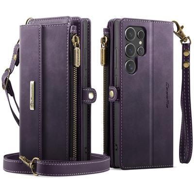 CASEME Série C39 Pro Samsung Galaxy S24 Ultra Pouzdro Blokování RFID 9 Přihrádek na karty Peněženka na zip Stojánek Kožený kryt s popruhem