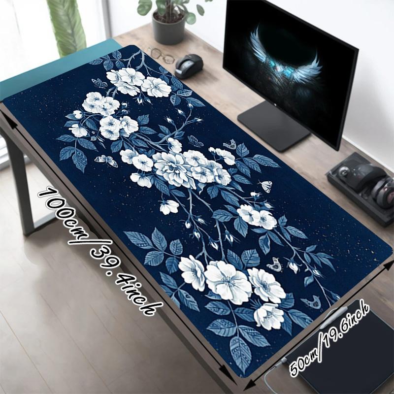 Blue Flowers Xl Gaming Mouse Pad Nonslip Rubber Base Stitched Edge Waterproof Desk Mat For Pc Laptop Gamer Office Computer Accessories C927118