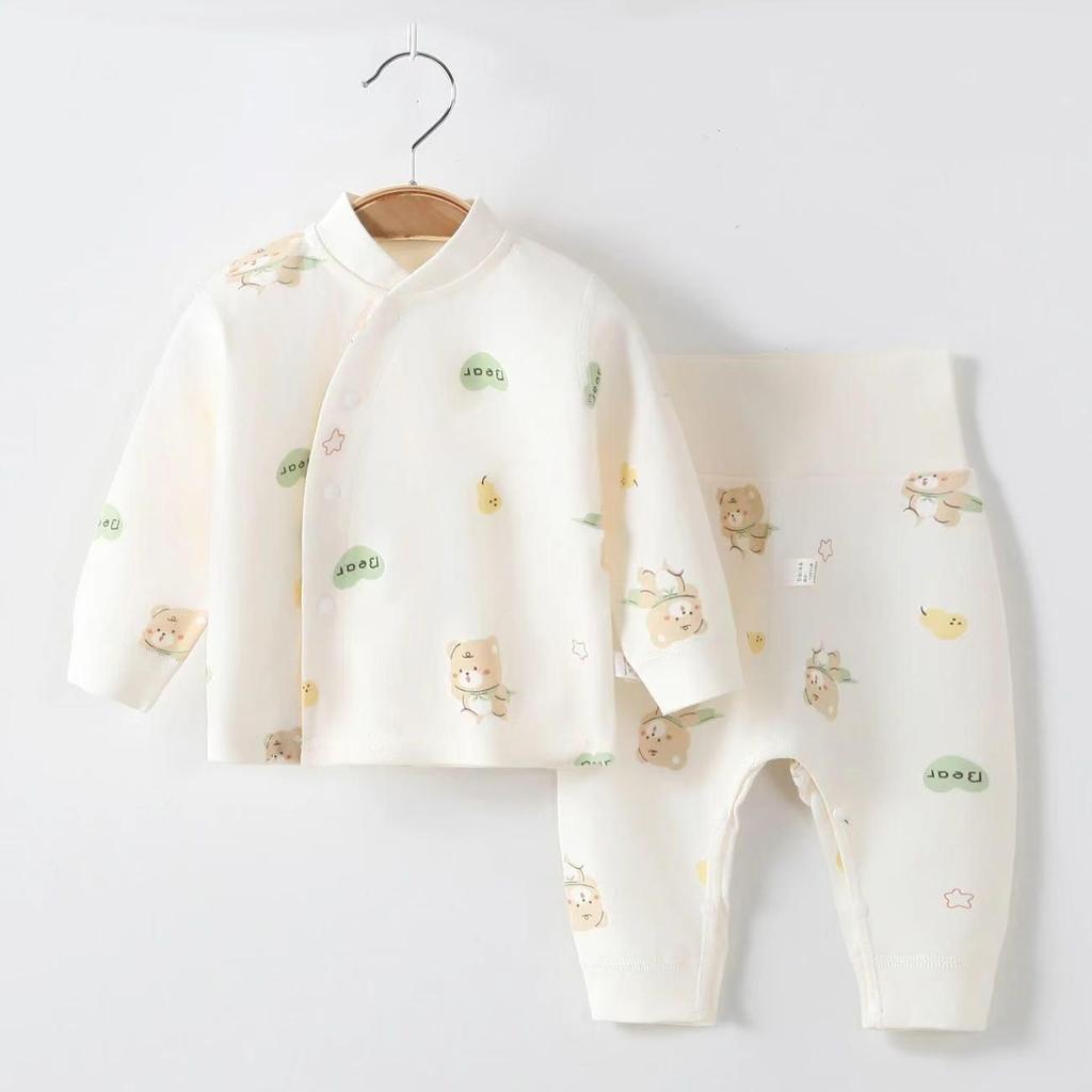 Spring & Autumn Pure Cotton Baby Underwear Set - High Waist Belly Protection Top & Trousers, Tagless for Newborns