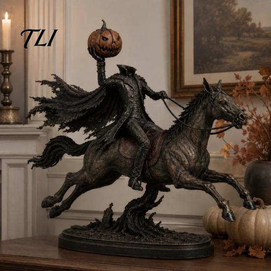 Halloween Atmosphere Prop Knight on Horseback with Luminous Pumpkin Head Resin Figurine, Decorative Gaming Room Shelf Accessory Lighted Horse
