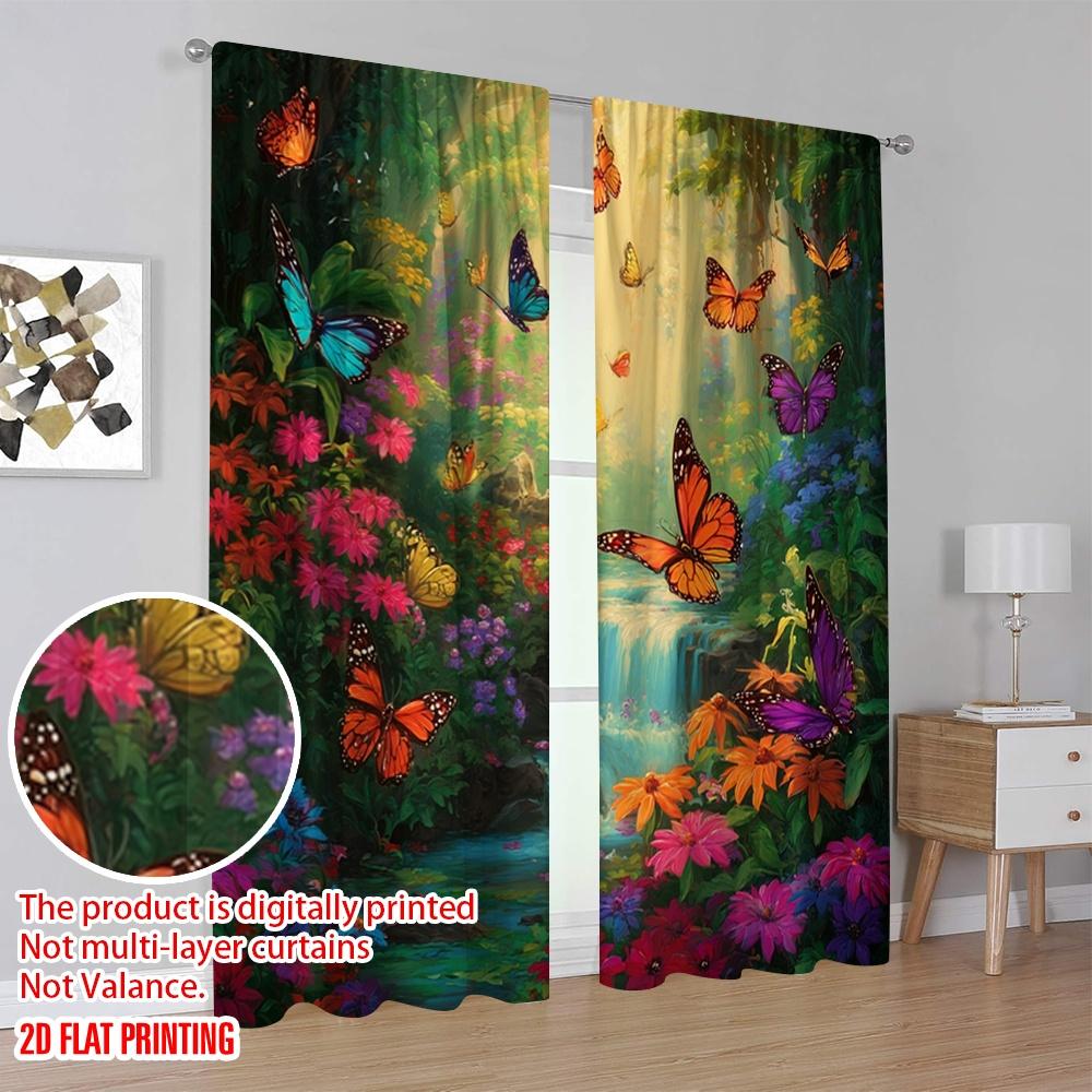 2pcs,2D Plane Printing Curtain Popular Butterfly Paradise Polyester Woven (without Rod) Outdoor Decorations Use for Bedroom