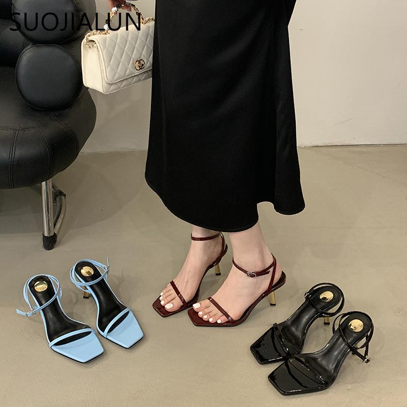 Fashion SUOJIALUN 2025 Summer New Brand Women Sandal Shoes Fashion Narrow Band Gladiator Shoes Thin High Heel Outdoor Dress Pumps Slide