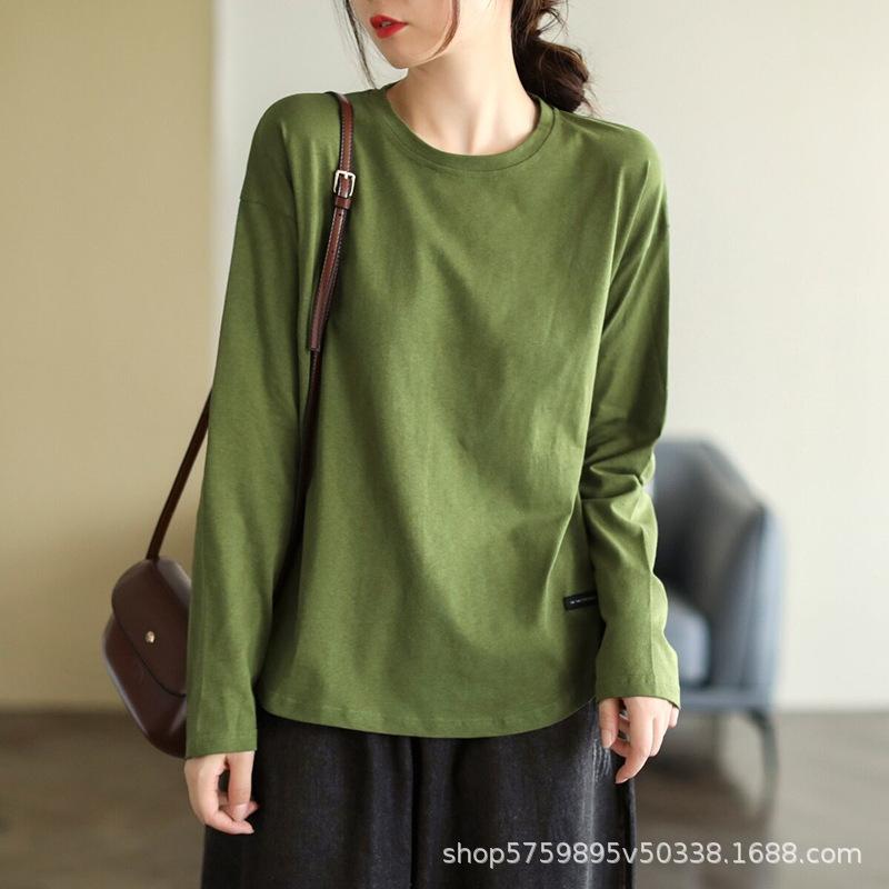 Solid Color Early Autumn Base Shirt for Women 2026 New Round Neck Versatile Long Sleeved T-shirt for Women's Top