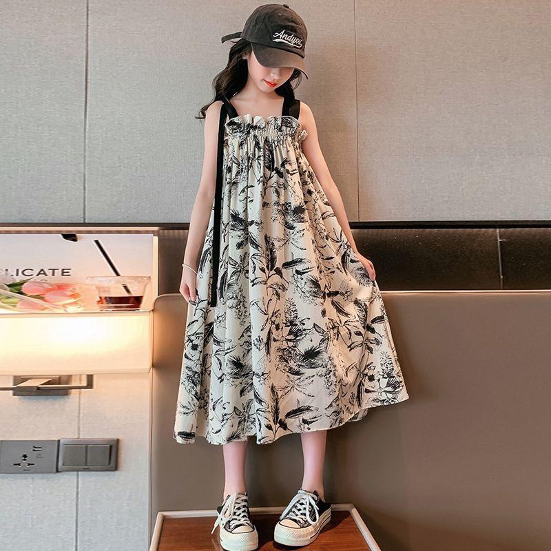 Girls Dress Kids Sleeveless Vintage Ink Painting Princess Casual Party Wear