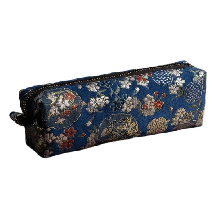 Flower Embroidered Pen Pouches Large Capacity Cotton Linen Pencil Case Zippered Closure for School Office Accessory