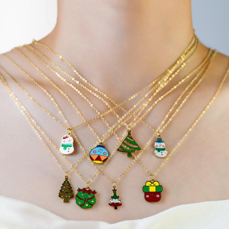 Titanium Steel 14K Gold Santa Claus Pendant Necklace - Cute Cartoon Christmas Series