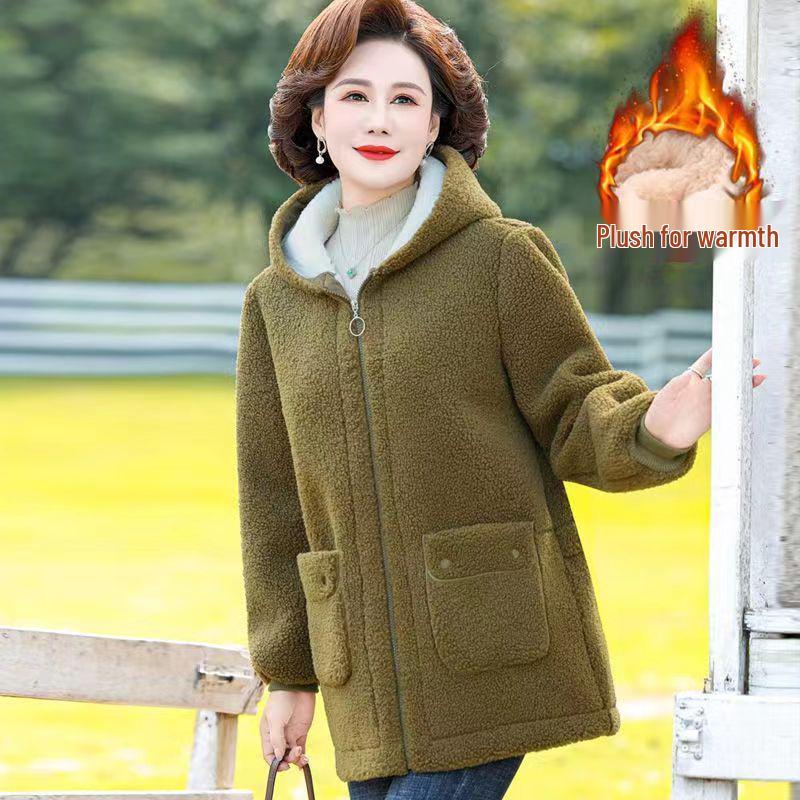 Velvet-Lined Hooded Cotton Coat: Thick, Warm, Fashionable Outerwear for Autumn/Winter, Perfect for Middle-Aged and Elderly Women