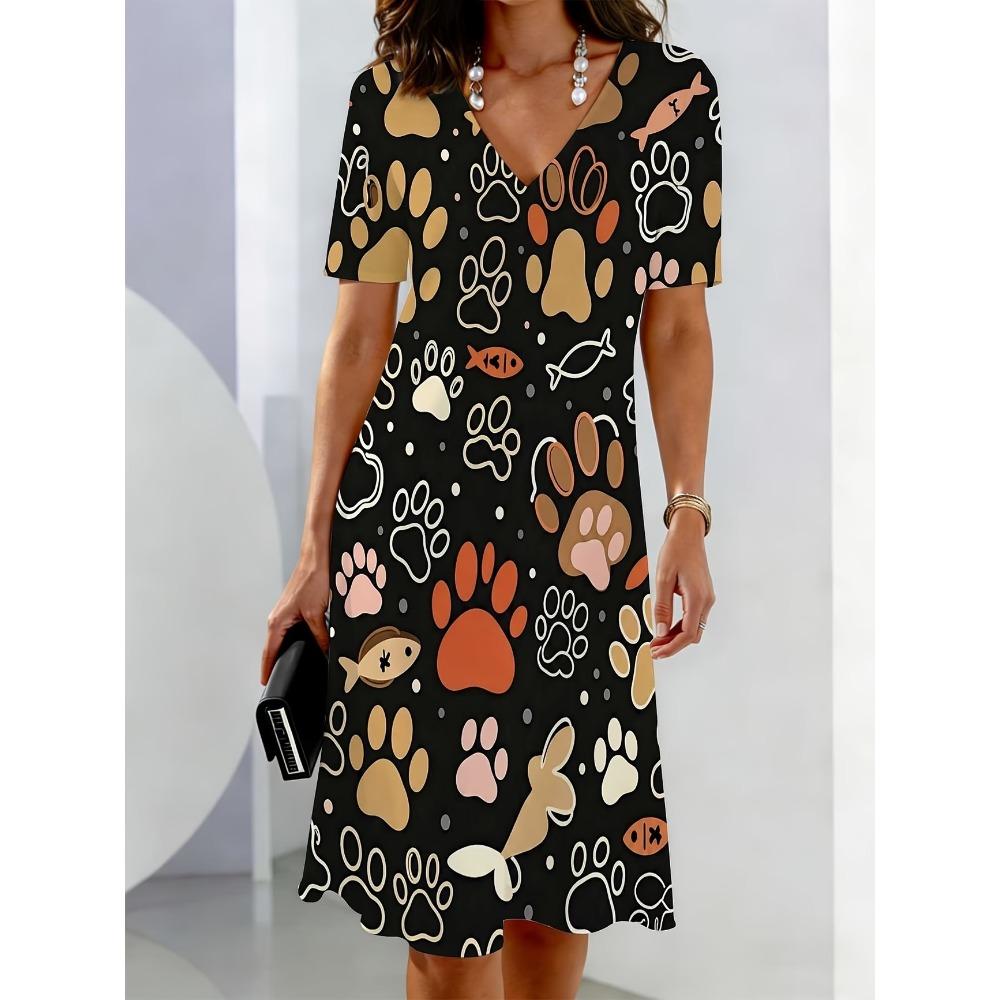 Ladies Summer V-Neck Short Sleeve 3D Butterfly Floral Print Casual Mini Dress Vacation Style Women's Clothing
