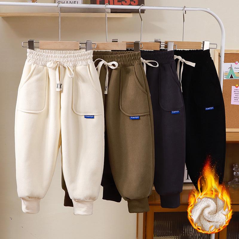 Boys and Girls Baby Plus Velvet Pants, Children's Sports Pants, Autumn and Winter Thick Casual Pants, Warm Outer Wear Trousers