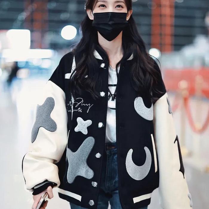 Bai Lu Li Yitong Women s Trendy Printed Baseball Jacket - Loose Fit, Casual Spring/Autumn Outerwear L чёрный