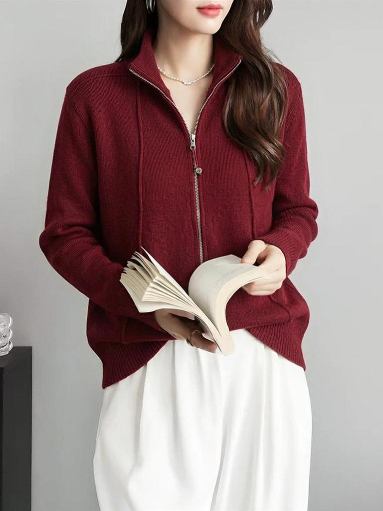 Korean Style Stand Collar Double Zipper Knit Sweater – Fashionable, Versatile, Loose Fit Long Sleeve Top for Women.